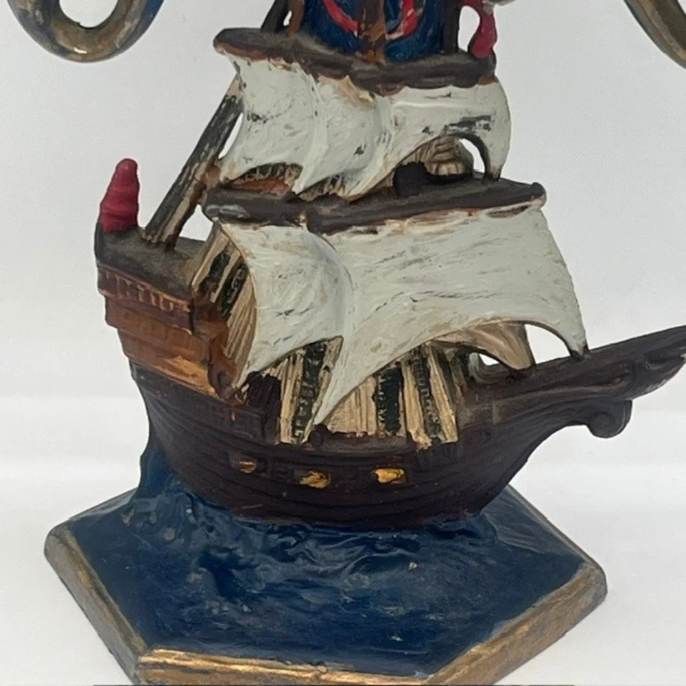 Vintage Nautical Sailing Ship Cast Metal Candelabra 3Arm Candle Holder Blue Gold